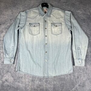 Wrangler Authentics Mens Light Wash Denim Western Pearl Snap Button Shirt Large